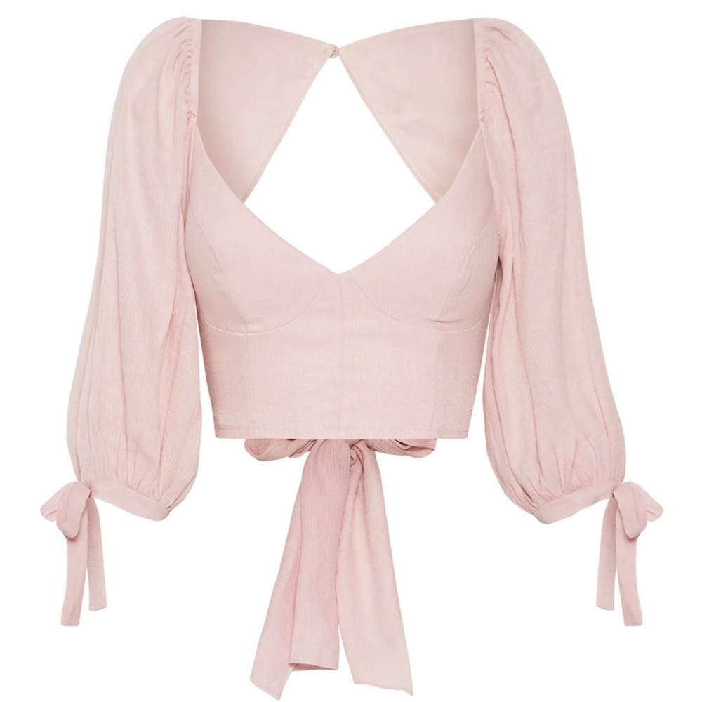 Selfie Leslie Pink Puff Sleeve Tie Back Cutout Crop Top XL Sweetheart Neckline